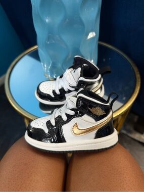 Jordan Kids Black & White High-Top Sneakers with Gold Swoosh 5c